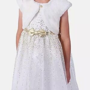 Jona Michelle Girls Formal Party Tulle Dress Ivory with Fur Jacket Size 12